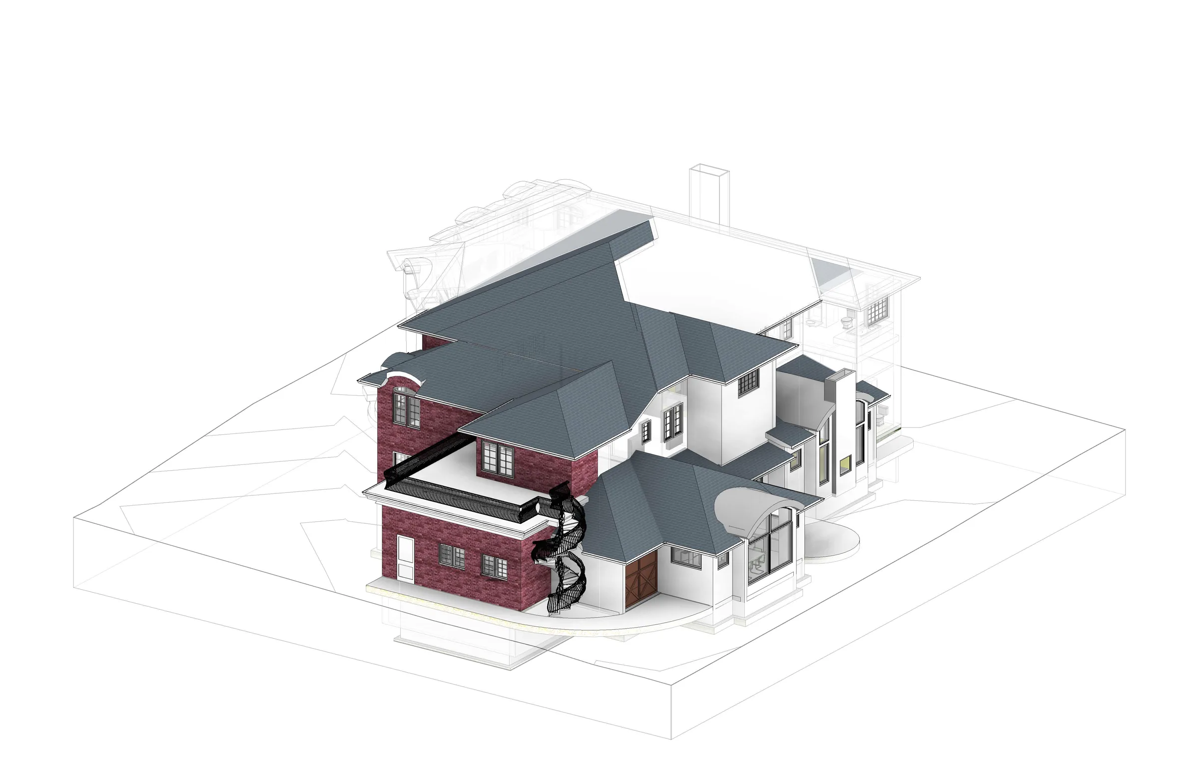 Axonometric model showing an existing house in outline and the proposed addition in solid form