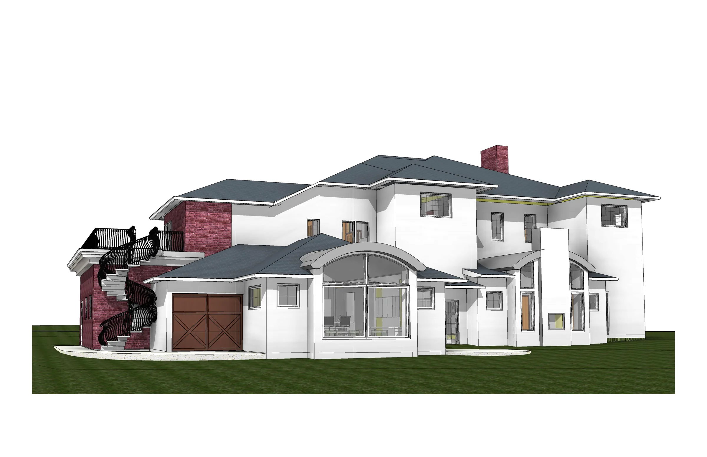 Rendering of the proposed house with a brick stair tower, arched window bay, garage wing, and roof deck